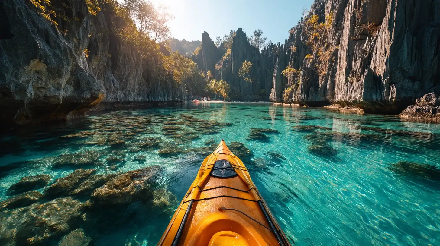 Traveler kayaking on clear blue water during an all-inclusive vacation.