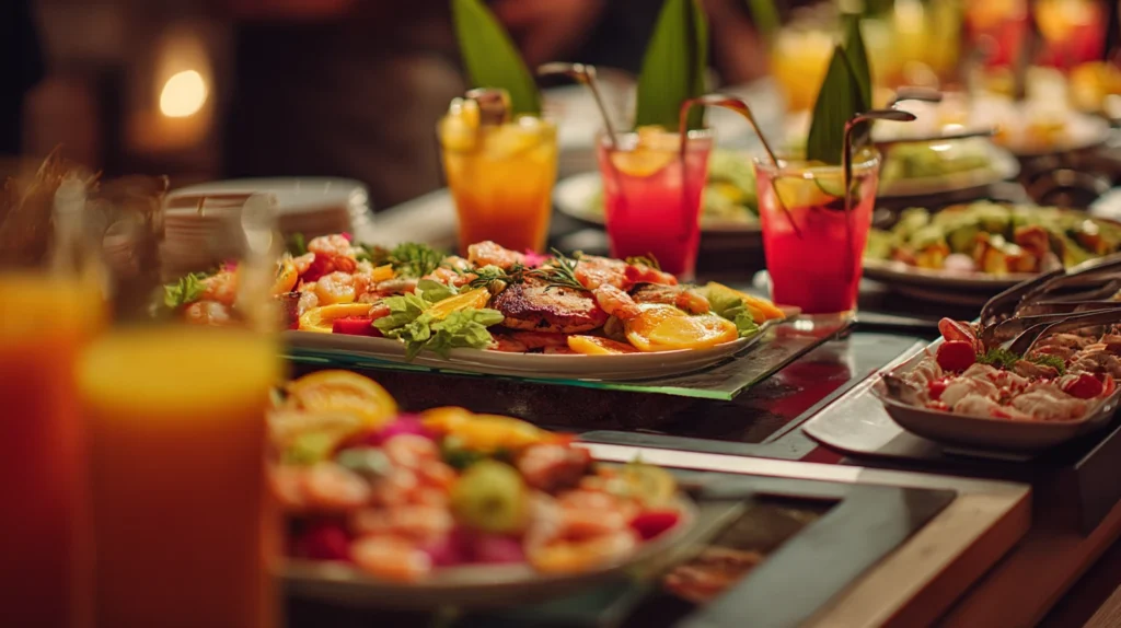 Buffet table with tropical dishes and colorful cocktails at a beach resort.