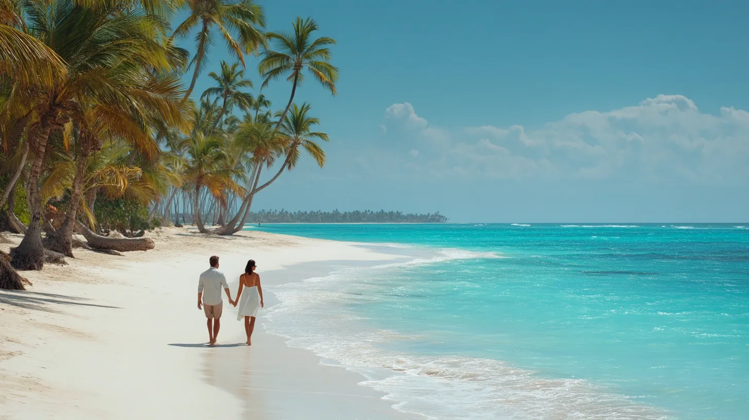Couple enjoying all inclusive vacation packages in Punta Cana on a tropical beach