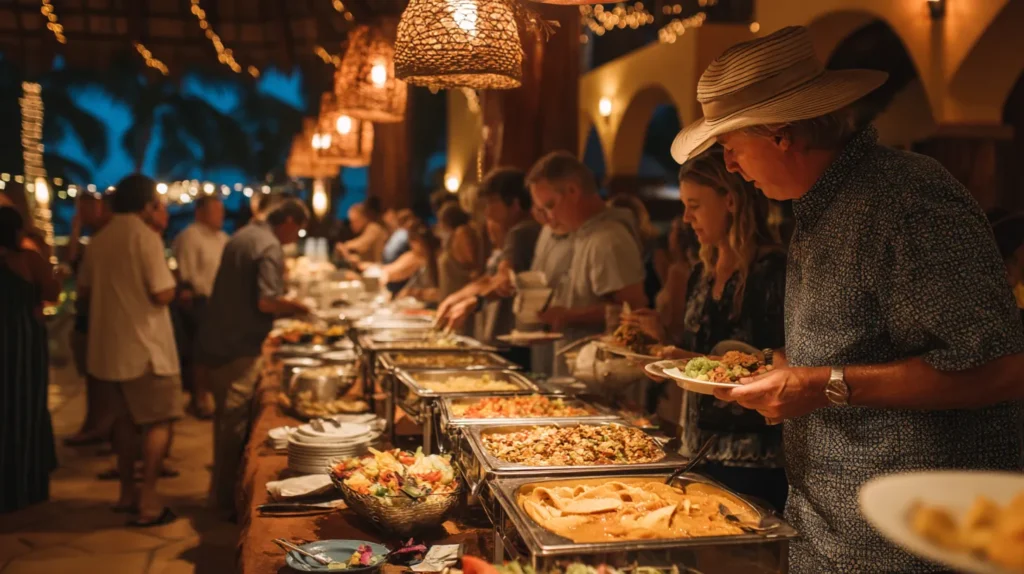 Guests enjoying a buffet dinner at an all inclusive resort, showing what’s included in typical vacation packages.