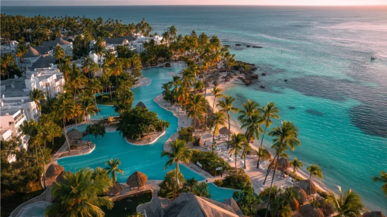 Aerial view of a tropical all inclusive resort with pools, palm trees, and turquoise ocean at sunset, illustrating the question “Are All Inclusive Resorts Worth It for the Price?