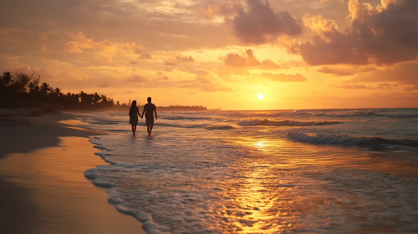 Couple walking hand in hand during a Punta Cana sunset on the beach

