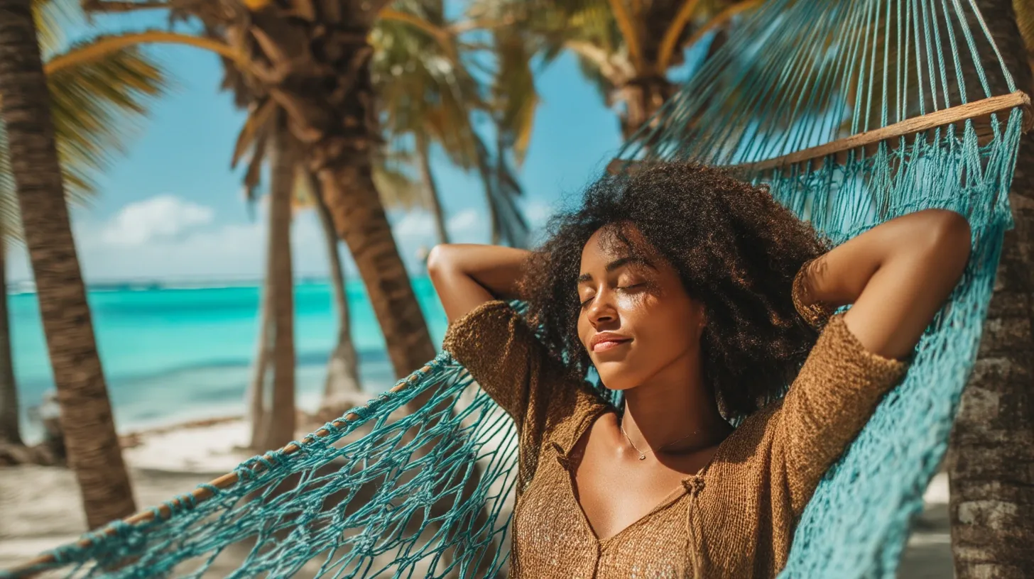 Traveler resting in a hammock by turquoise water in Punta Cana