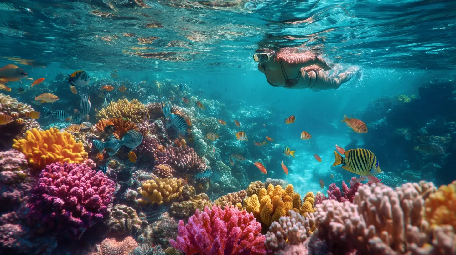 Traveler snorkeling among tropical fish and coral reefs near Punta Cana