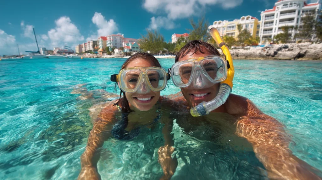 Couple snorkeling near tropical all inclusive beach resort