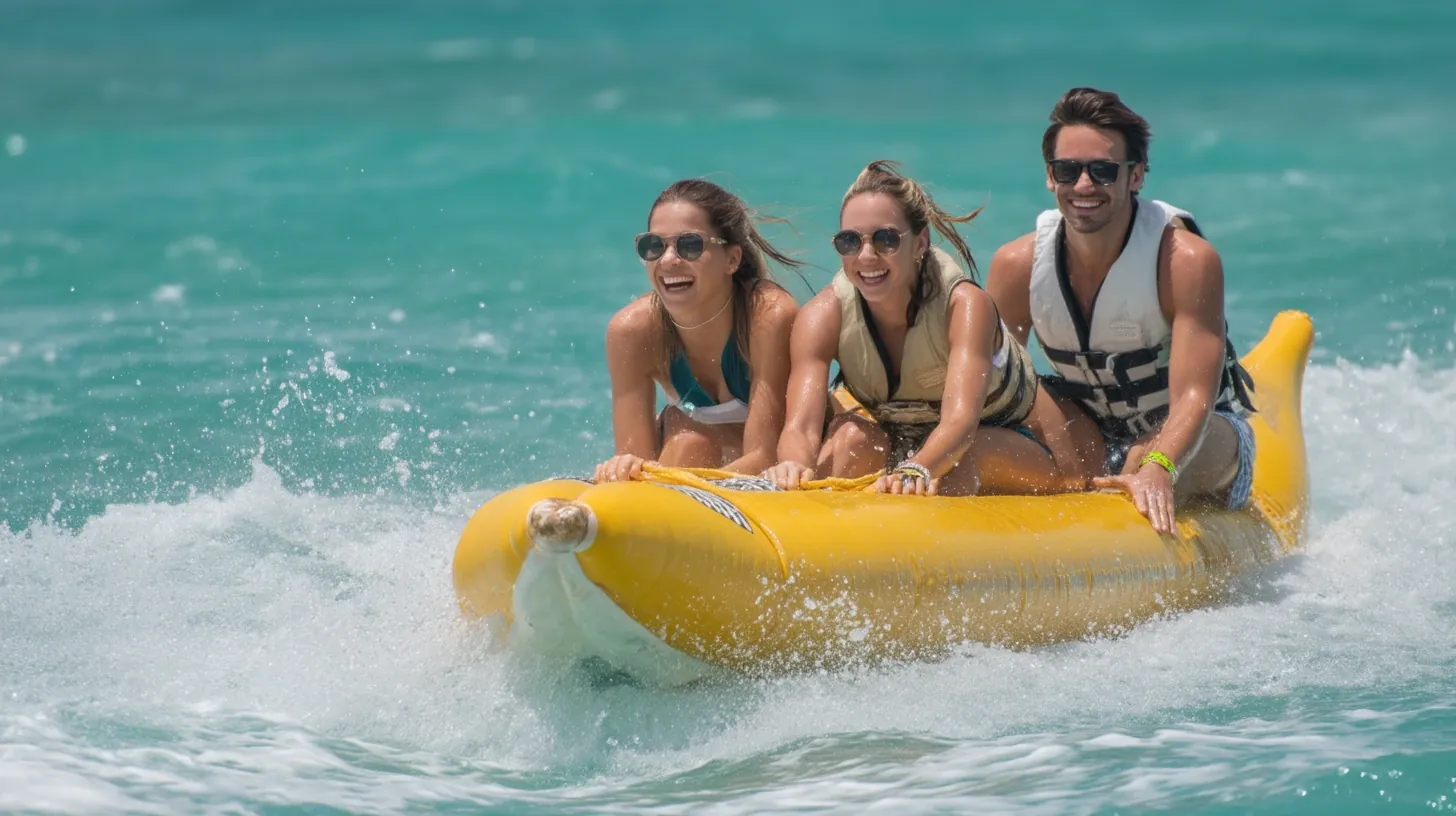Three friends laughing while riding a banana boat in the Caribbean near Punta Cana