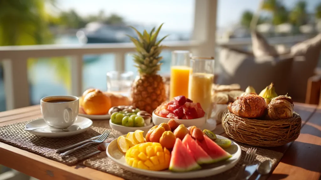 Tropical breakfast with fruit and coffee overlooking the ocean at an all inclusive resort.