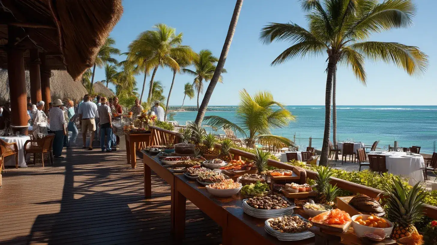 Outdoor tropical buffet at an all inclusive resort overlooking the sea