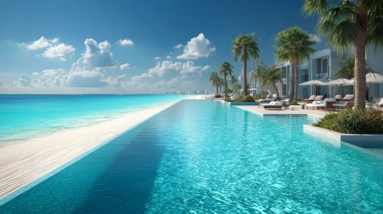 Luxury all inclusive resorts in Cancun with ocean-view suites and infinity pool at sunrise