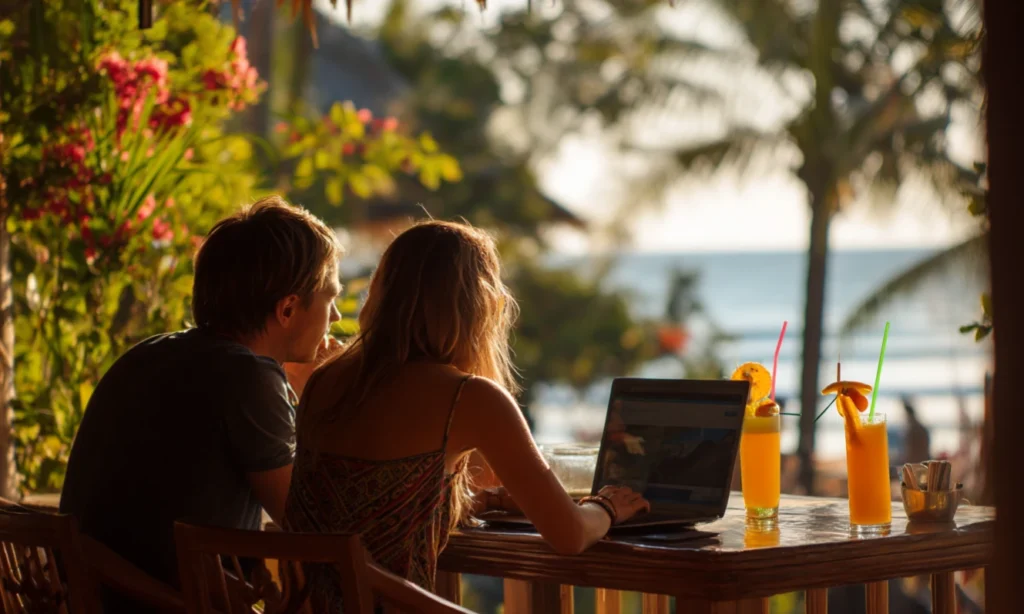 Couple planning Cancun resort vacation packages by the beach