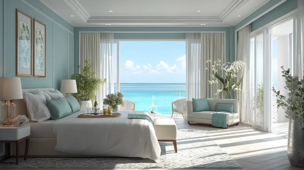 Ocean-view suite at luxury all inclusive resort in Cancun with balcony and champagne