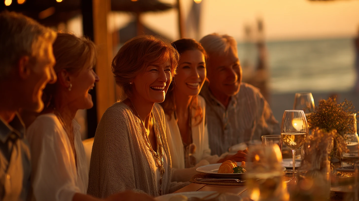 Group of friends and family enjoying beachfront dinner at Cancun luxury resort