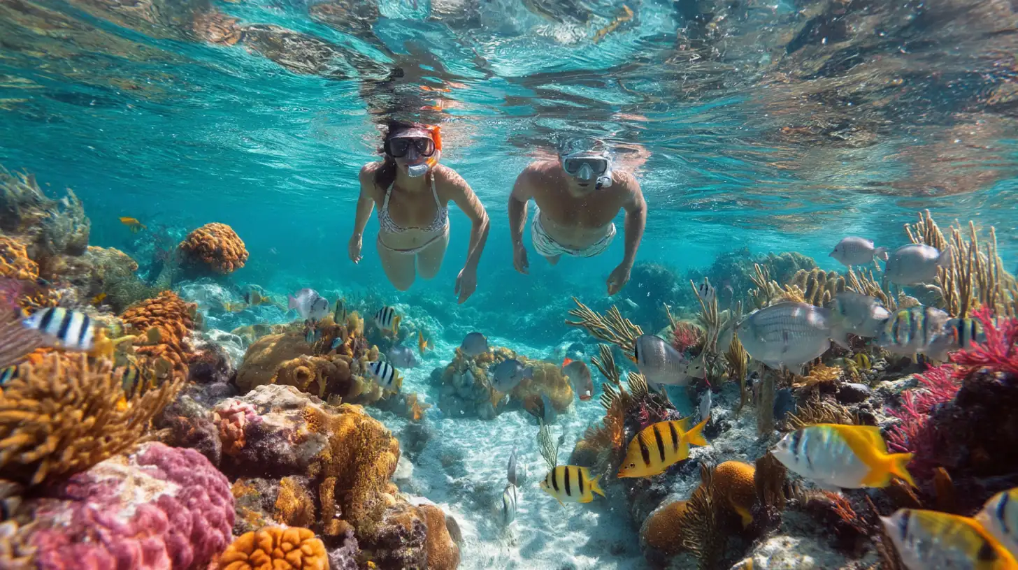 Couple snorkeling near coral reef in Cancun all inclusive resort activity