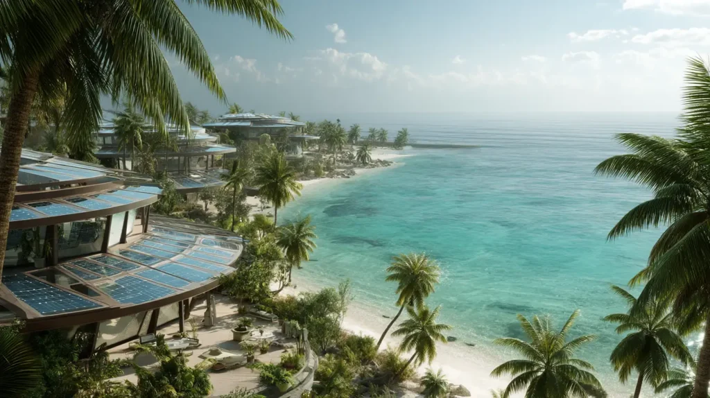 Eco-friendly luxury resort in Cancun with palm trees and solar panels