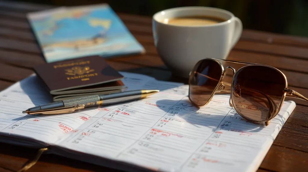 Calendar and passport showing best time to book vacation packages